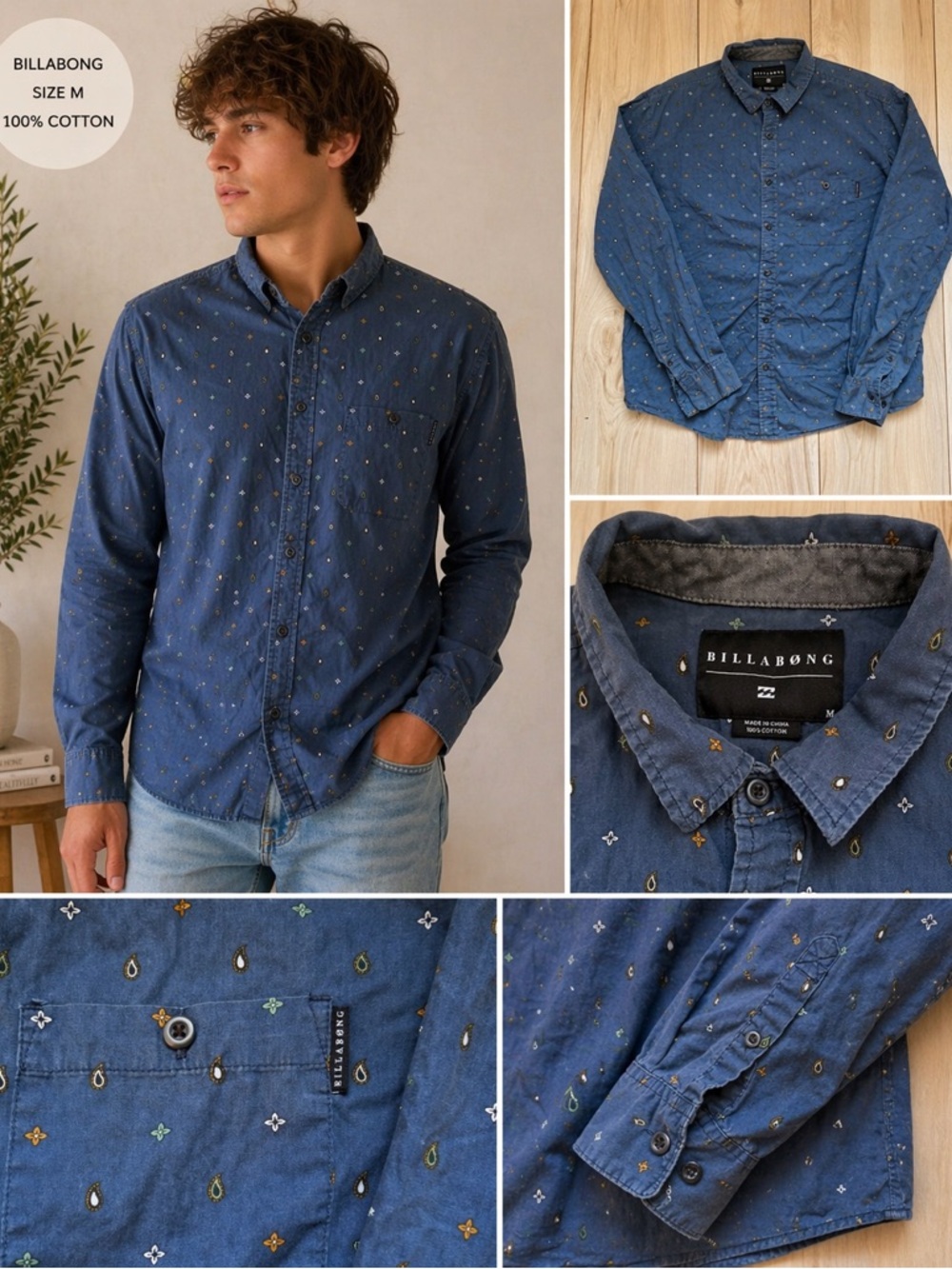 Billabong Blue Printed Button Up Shirt Men’s Medium Casual Surf Skater Cotton